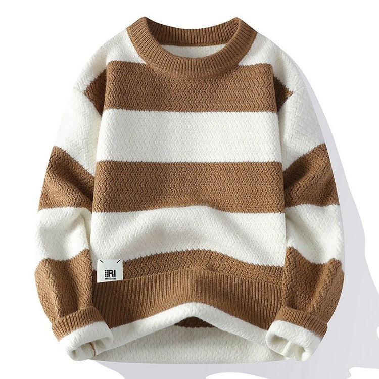 Men's Casual Loose Contrast Stripe Sweater Long Sleeve Round Neck Knitwear - Premium Fitness & Activewear for Men & Women|UK