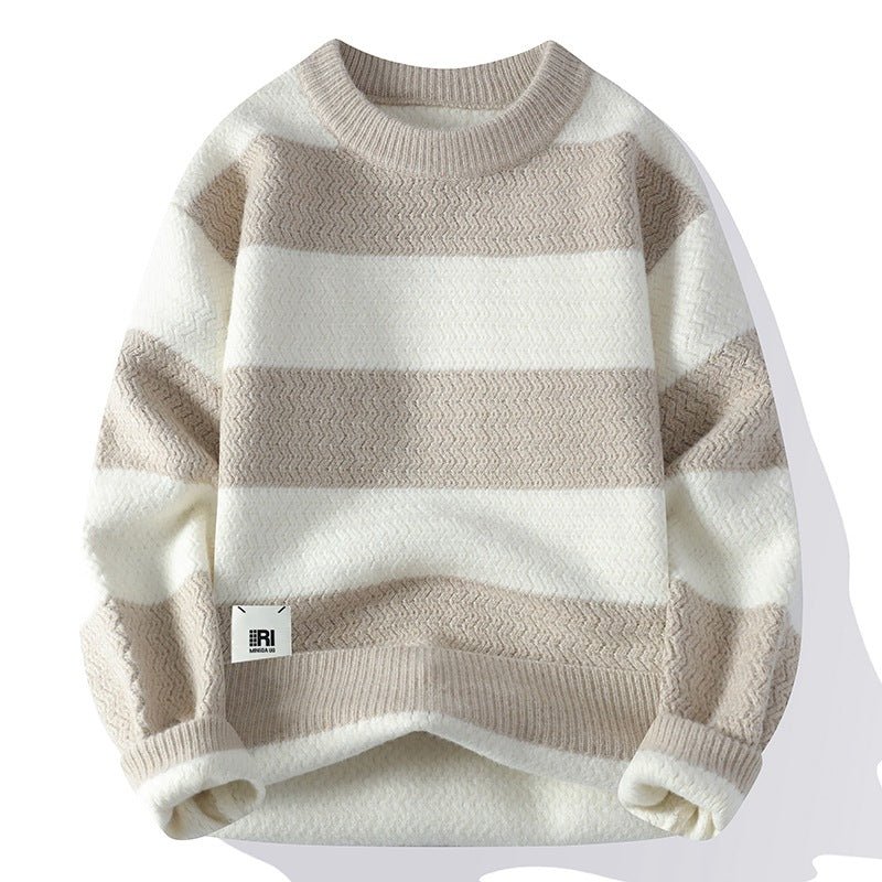 Men's Casual Loose Contrast Stripe Sweater Long Sleeve Round Neck Knitwear - Premium Fitness & Activewear for Men & Women|UK