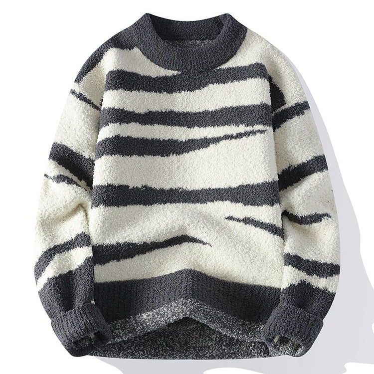 Men's Color-Block Stripe Long Sleeve Crew Neck Loose Fit Thickened Warm Knit Sweater - Premium Fitness & Activewear for Men & Women|UK