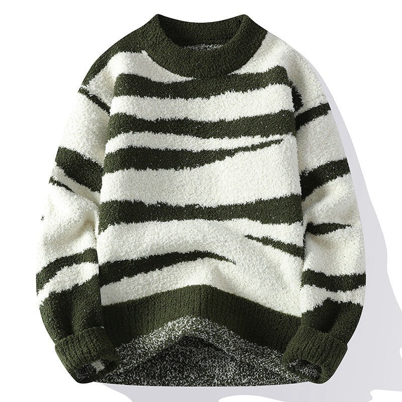 Men's Color-Block Stripe Long Sleeve Crew Neck Loose Fit Thickened Warm Knit Sweater - Premium Fitness & Activewear for Men & Women|UK