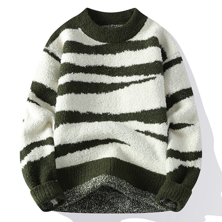 Men's Color-Block Stripe Long Sleeve Crew Neck Loose Fit Thickened Warm Knit Sweater - Premium Fitness & Activewear for Men & Women|UK