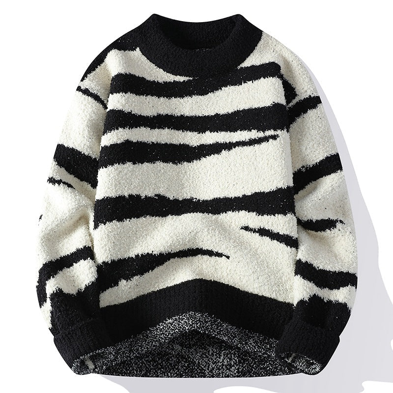 Men's Color-Block Stripe Long Sleeve Crew Neck Loose Fit Thickened Warm Knit Sweater - Premium Fitness & Activewear for Men & Women|UK