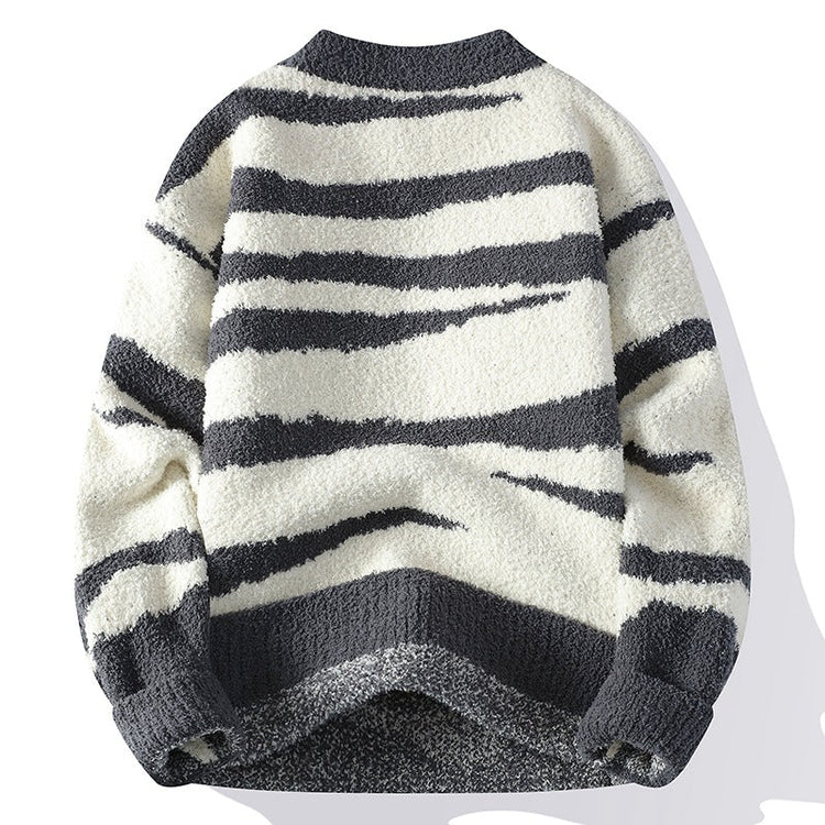 Men's Color-Block Stripe Long Sleeve Crew Neck Loose Fit Thickened Warm Knit Sweater - Premium Fitness & Activewear for Men & Women|UK