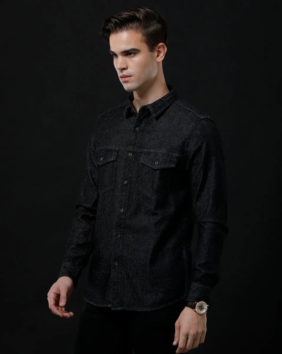 Men's Denim Casual Shirt - Slim Fit Full Sleeve Washed Shirt by Temple Of Denim - Allen-Fitness
