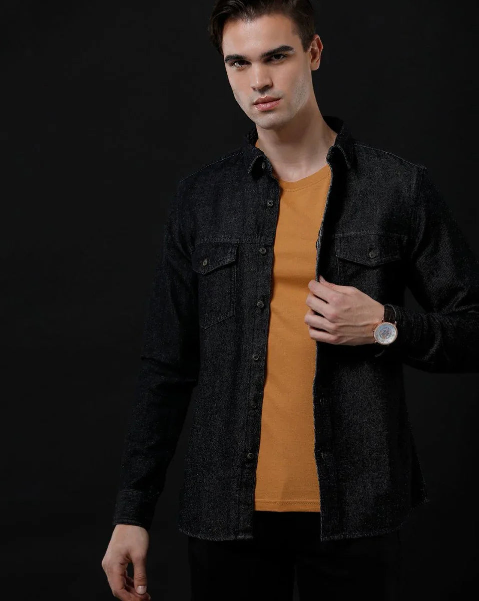 Men's Denim Casual Shirt - Slim Fit Full Sleeve Washed Shirt by Temple Of Denim - Allen-Fitness