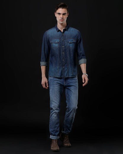 Men's Denim Casual Shirt - Slim Fit Solid with Full Sleeves by Temple Of Denim - Allen - Fitness