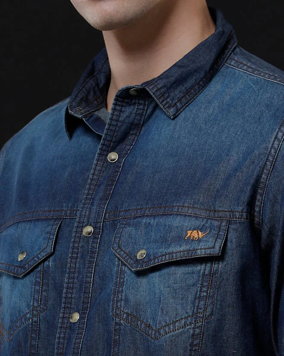 Men's Denim Casual Shirt - Slim Fit Solid with Full Sleeves by Temple Of Denim - Allen-Fitness