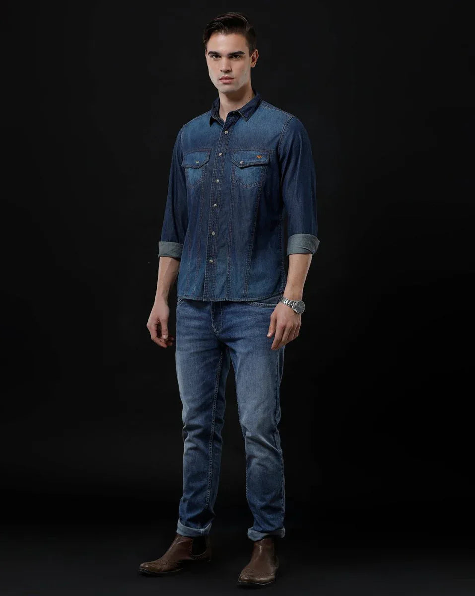 Men's Denim Casual Shirt - Slim Fit Solid with Full Sleeves by Temple Of Denim - Allen-Fitness
