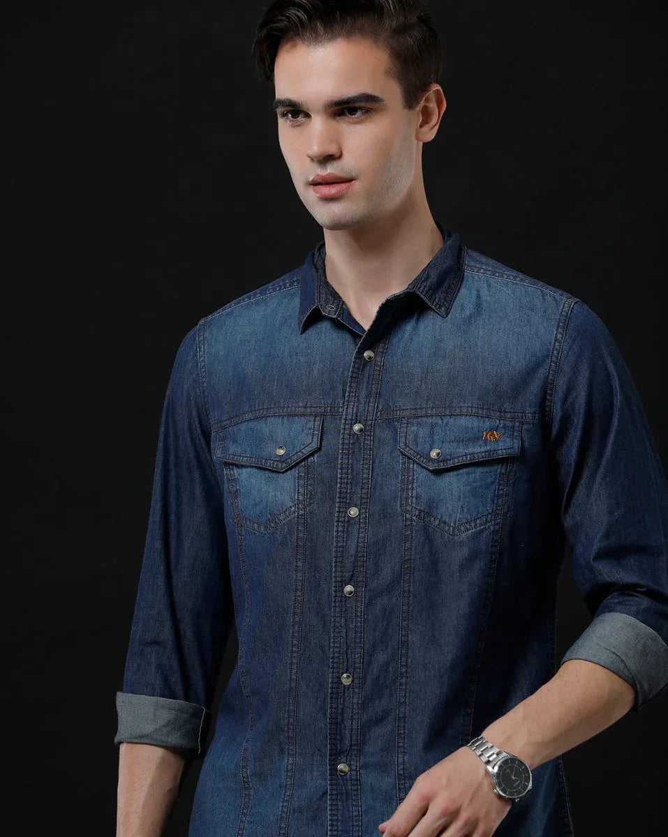 Men's Denim Casual Shirt - Slim Fit Solid with Full Sleeves by Temple Of Denim - Allen-Fitness