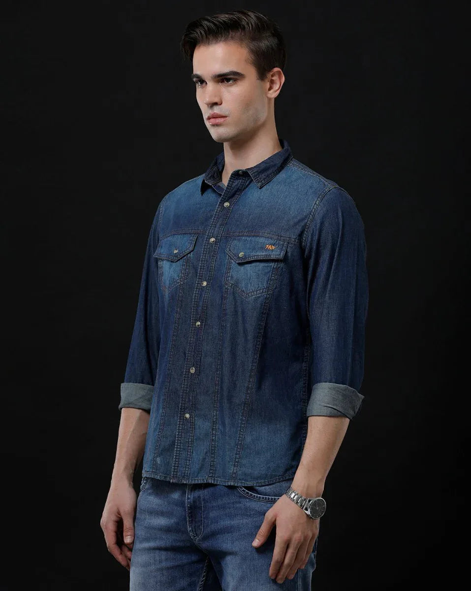 Men's Denim Casual Shirt - Slim Fit Solid with Full Sleeves by Temple Of Denim - Allen-Fitness