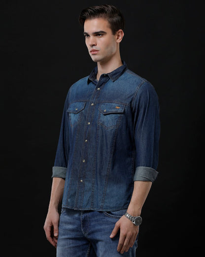 Men's Denim Casual Shirt - Slim Fit Solid with Full Sleeves by Temple Of Denim - Allen - Fitness