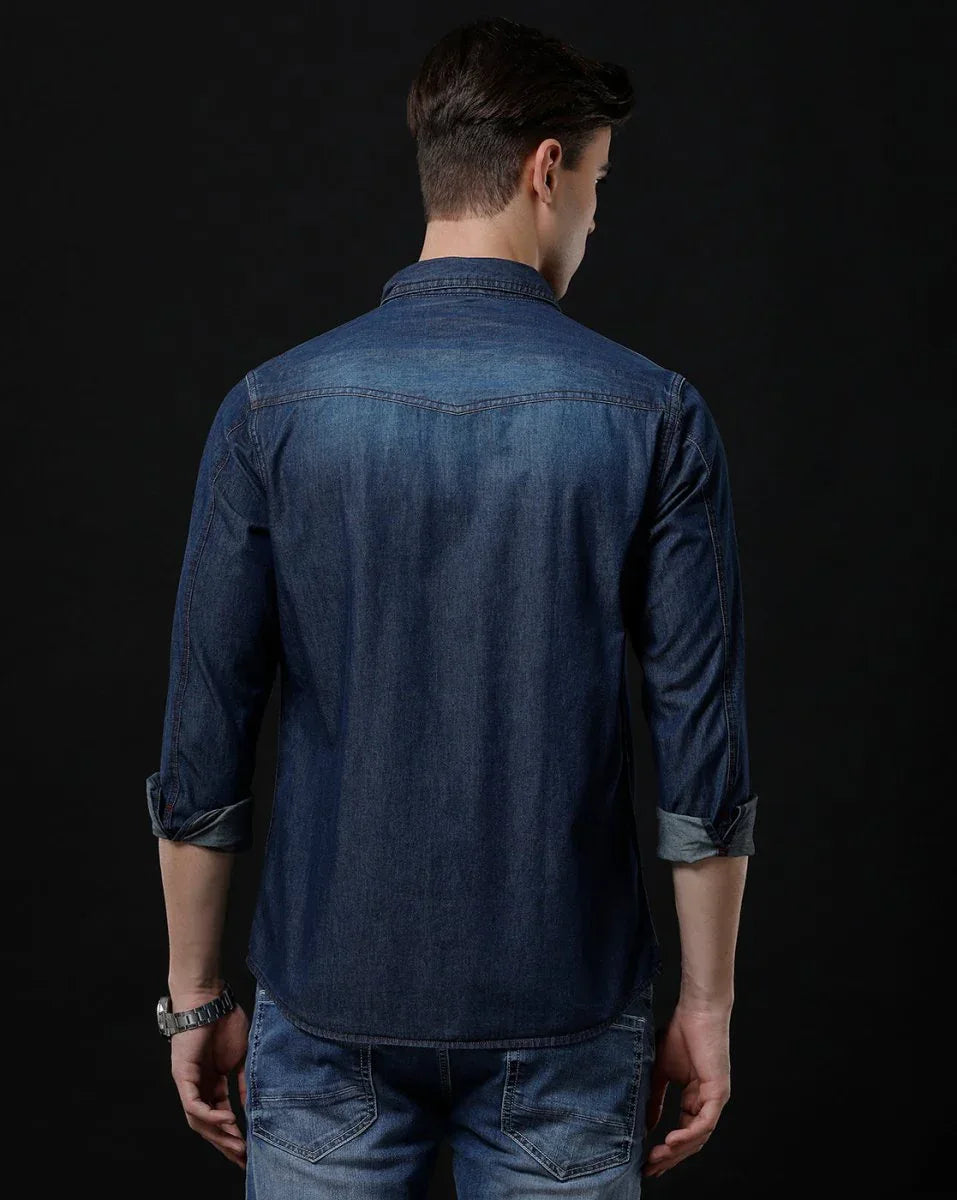 Men's Denim Casual Shirt - Slim Fit Solid with Full Sleeves by Temple Of Denim - Allen-Fitness