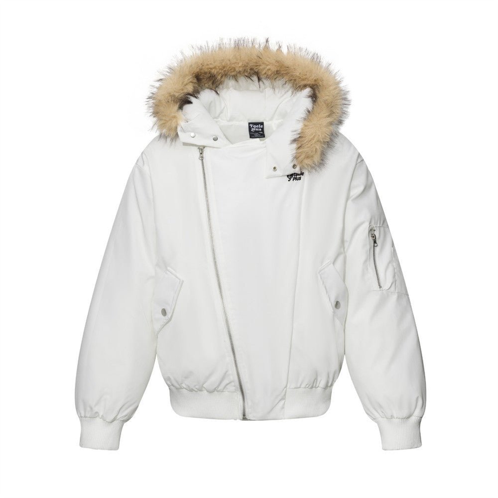 Men's Design Diagonal Zipper Hooded Padded Jacket with Fur Trim Loose Fit Winter Flight Coat - Premium Fitness & Activewear