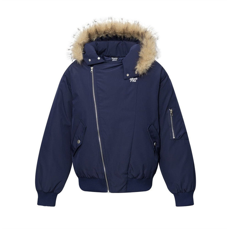 Men's Design Diagonal Zipper Hooded Padded Jacket with Fur Trim Loose Fit Winter Flight Coat - Premium Fitness & Activewear