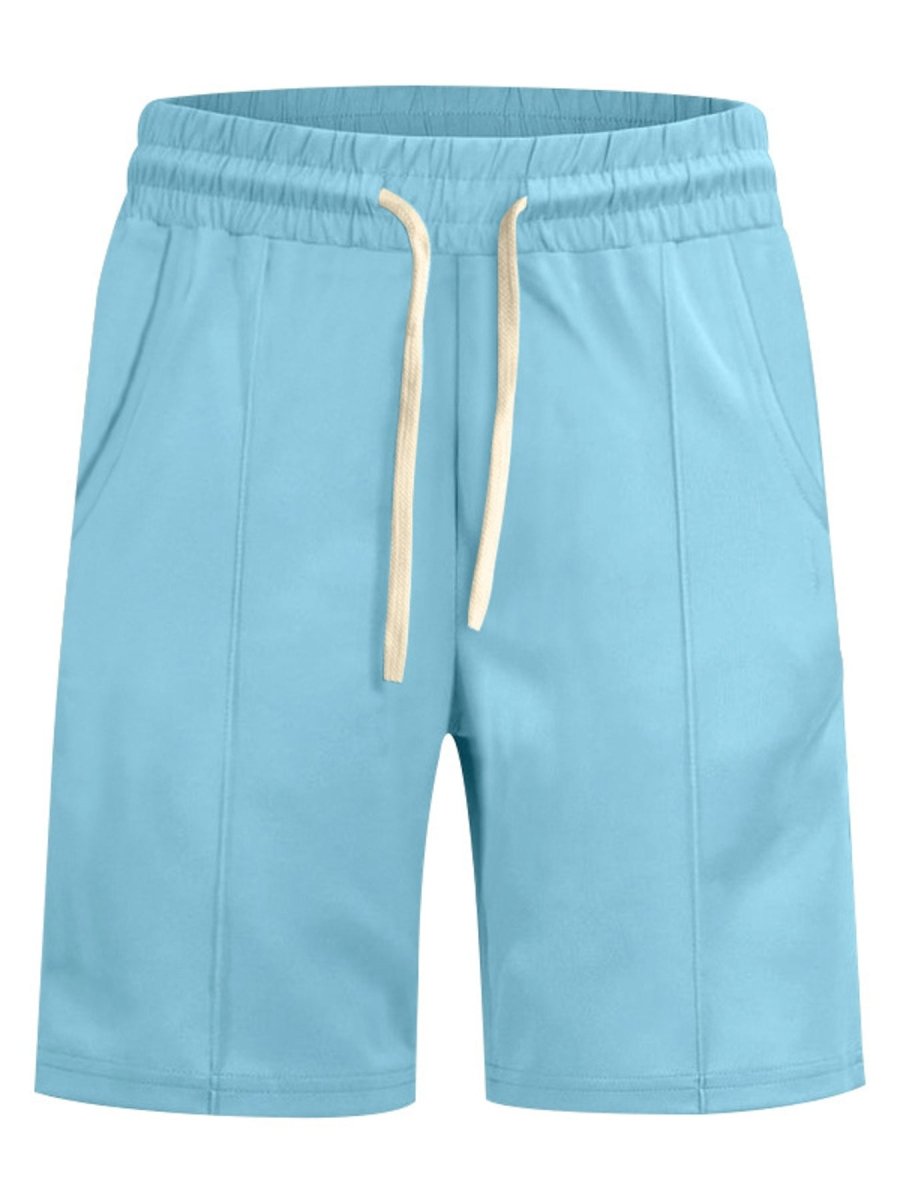 Light blue shorts with a drawstring on a white background