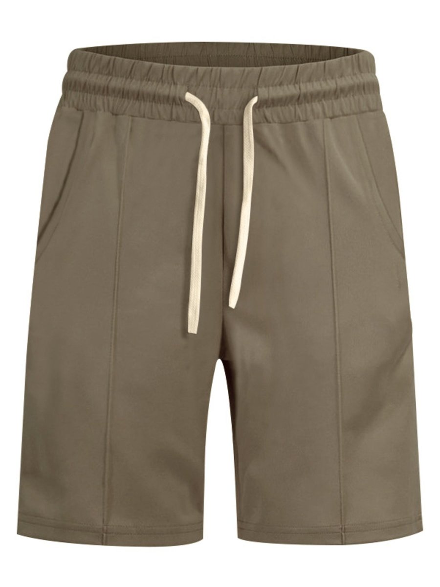 Brown shorts with a drawstring on a white background