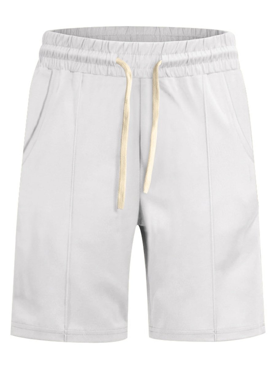 Light gray shorts with a yellow drawstring on a white background