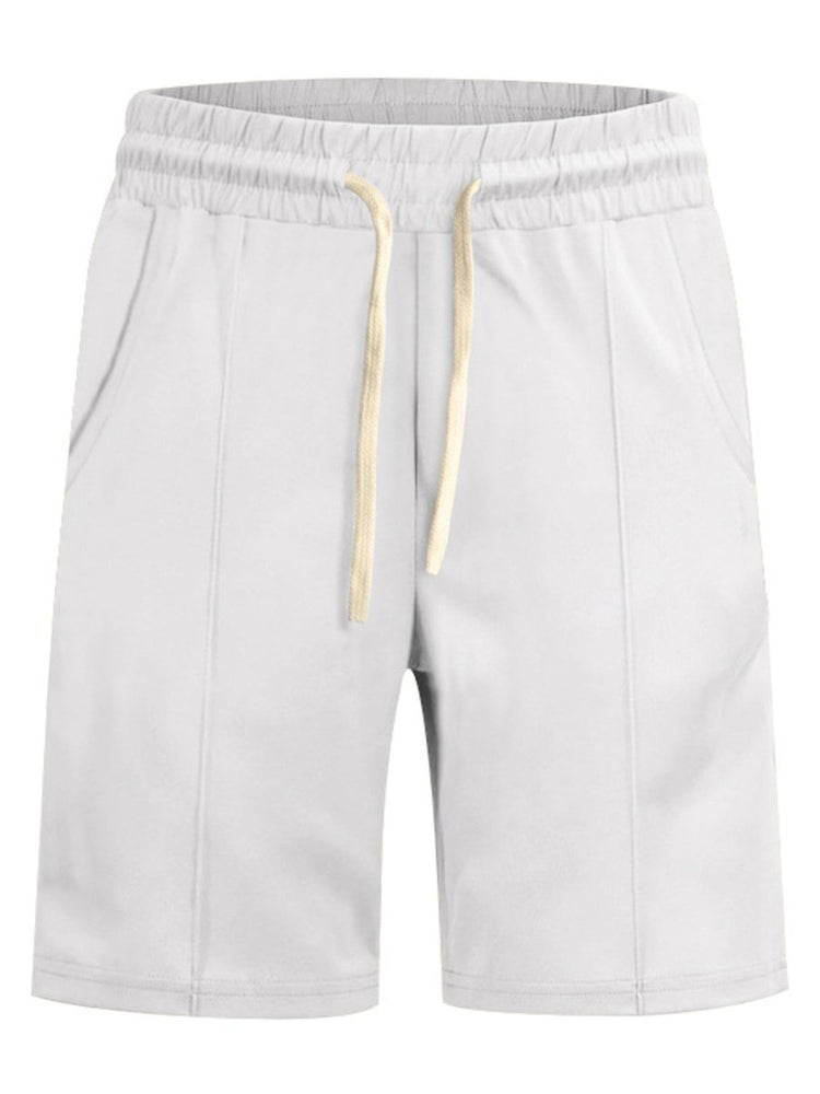 Light gray shorts with a yellow drawstring on a white background