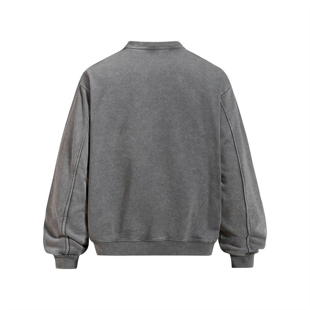Men's High Street Casual Loose Fit Jacquard Sweatshirt, Distressed Wash Pullover with Creative Portrait Print - Premium Fitness & Activewear