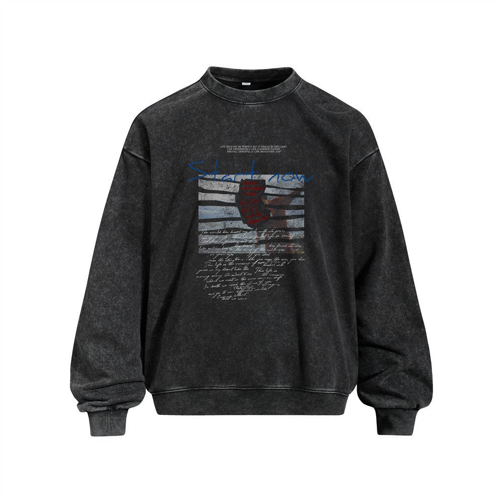 Men's High Street Casual Loose Fit Jacquard Sweatshirt, Distressed Wash Pullover with Creative Portrait Print - Premium Fitness & Activewear