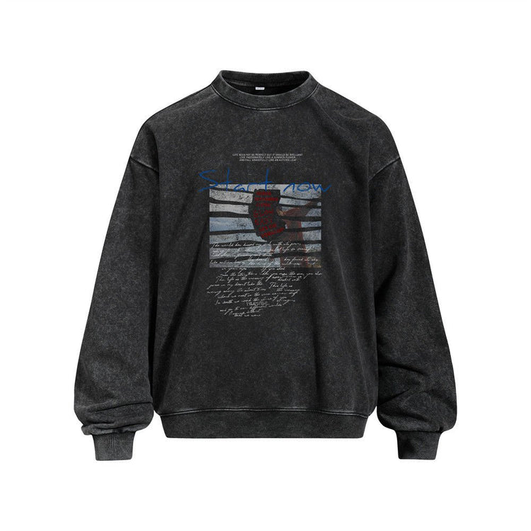 Men's High Street Casual Loose Fit Jacquard Sweatshirt, Distressed Wash Pullover with Creative Portrait Print - Premium Fitness & Activewear