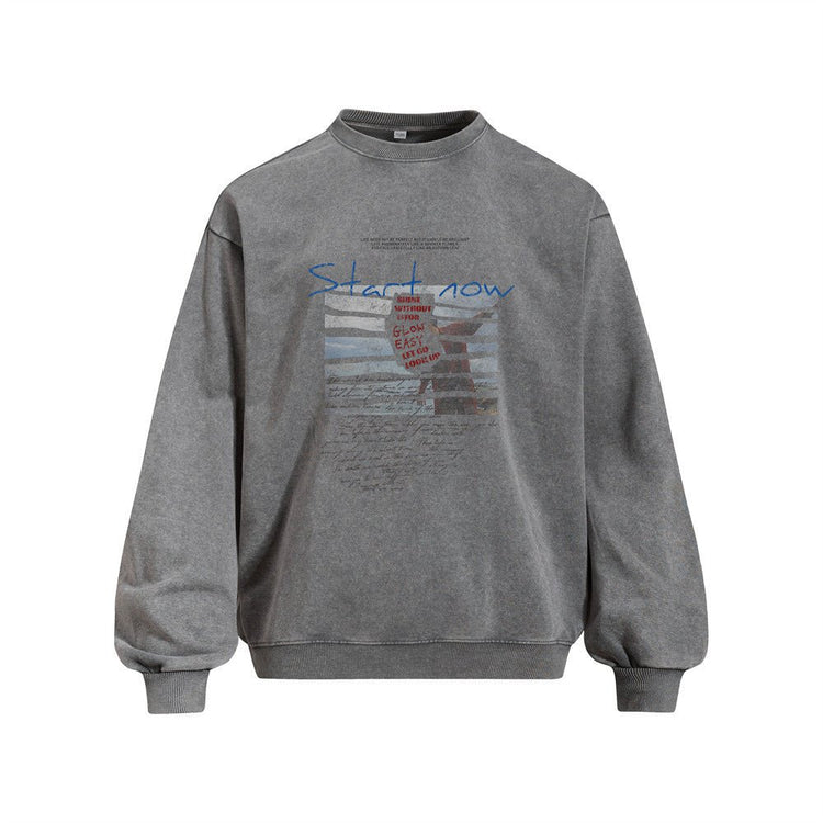 Men's High Street Casual Loose Fit Jacquard Sweatshirt, Distressed Wash Pullover with Creative Portrait Print - Premium Fitness & Activewear