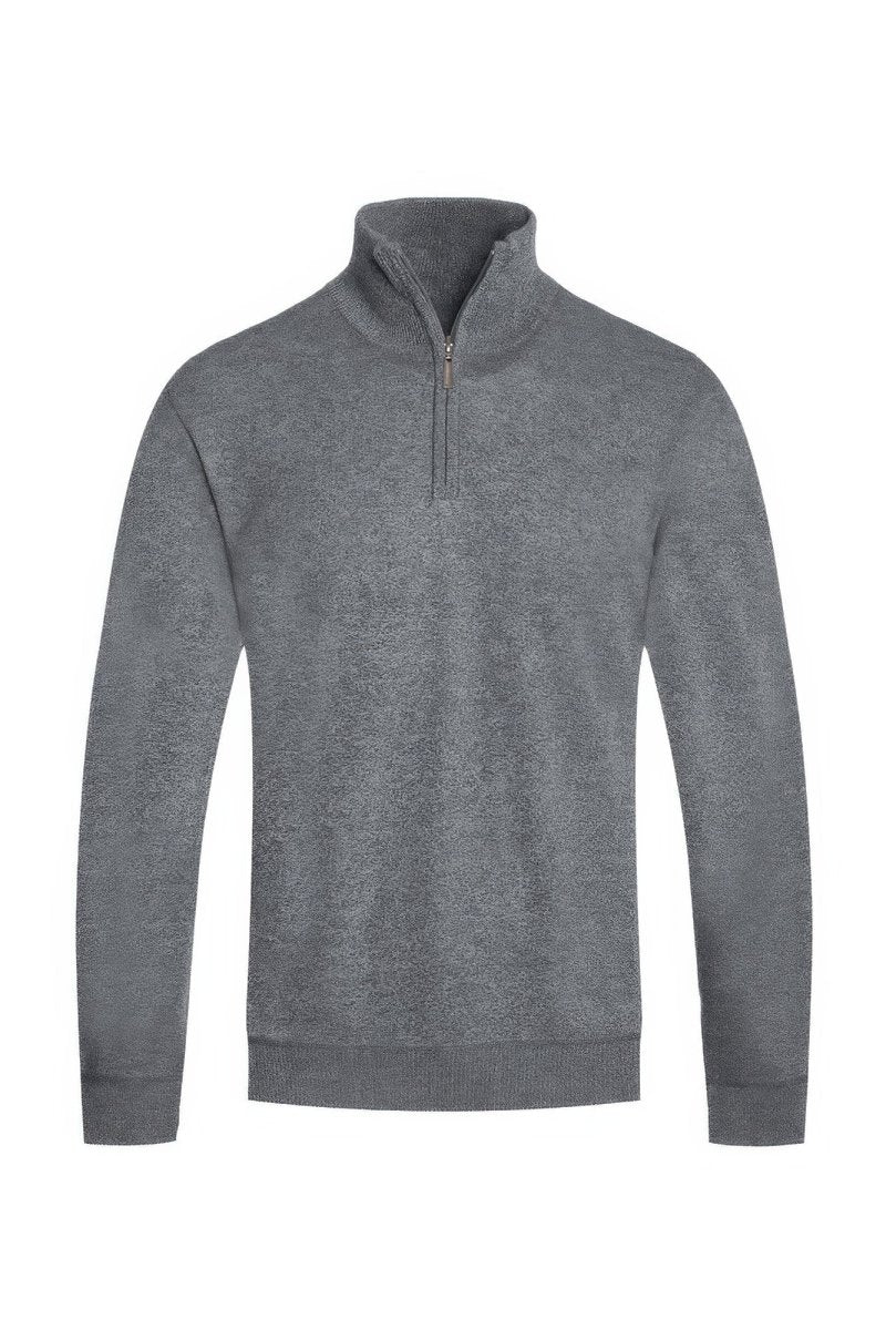 Gray pullover with a quarter zip on a white background
