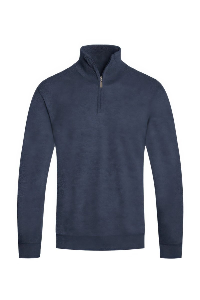 Navy blue half-zip sweatshirt on a white background