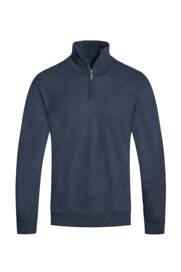 Navy blue half-zip sweatshirt on a white background