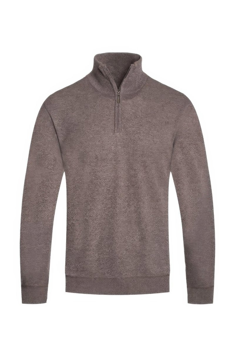 Brown pullover with a quarter zip on a white background