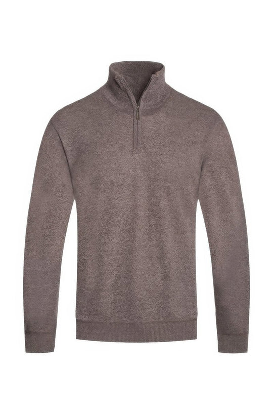 Brown pullover with a quarter zip on a white background