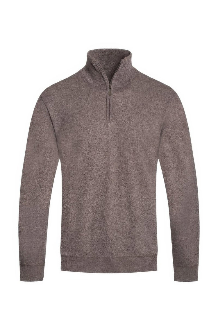 Brown pullover with a quarter zip on a white background