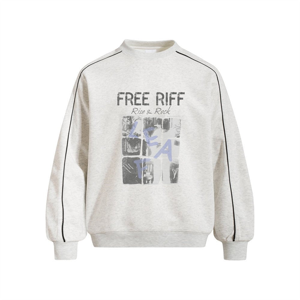 Men's Loose Fit Crewneck Sweatshirt with Grid Portrait Letter Print | Vibe Streetwear Pullover Top - Premium Fitness & Activewear