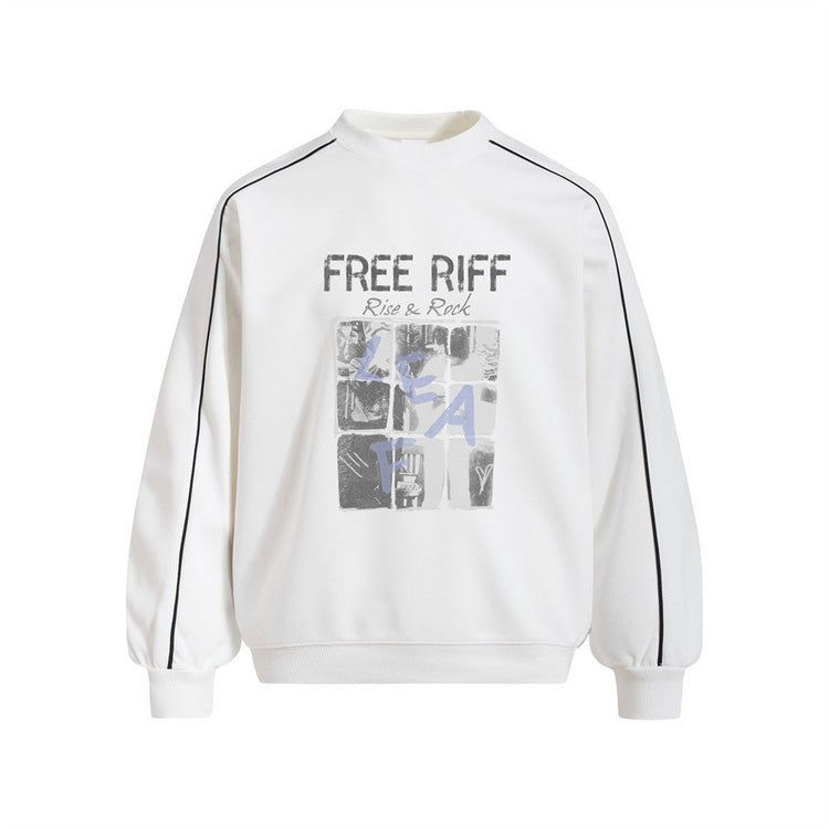 Men's Loose Fit Crewneck Sweatshirt with Grid Portrait Letter Print | Vibe Streetwear Pullover Top - Premium Fitness & Activewear