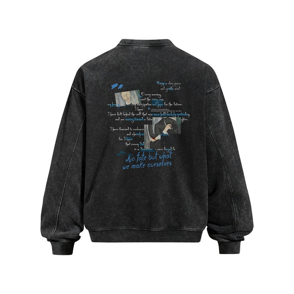 Men's Loose Fit Letter Graffiti Print Long Sleeve Crew Neck Distressed Washed Sweatshirt - Premium Fitness & Activewear