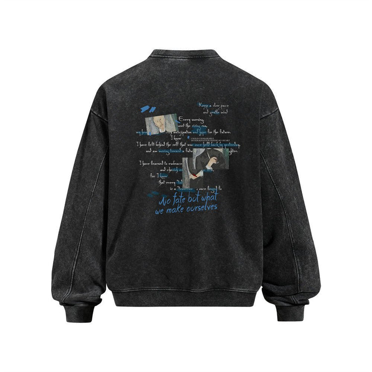 Men's Loose Fit Letter Graffiti Print Long Sleeve Crew Neck Distressed Washed Sweatshirt - Premium Fitness & Activewear