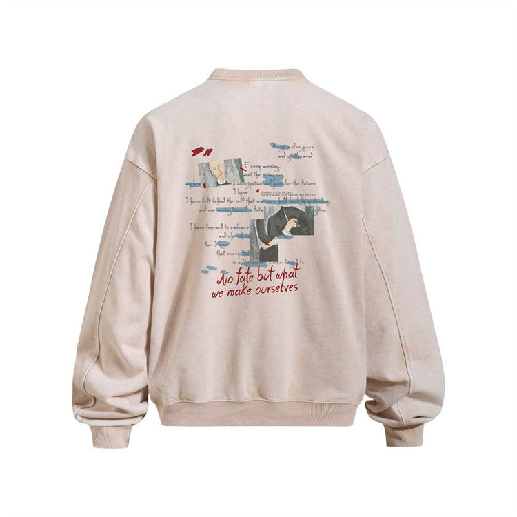 Men's Loose Fit Letter Graffiti Print Long Sleeve Crew Neck Distressed Washed Sweatshirt - Premium Fitness & Activewear