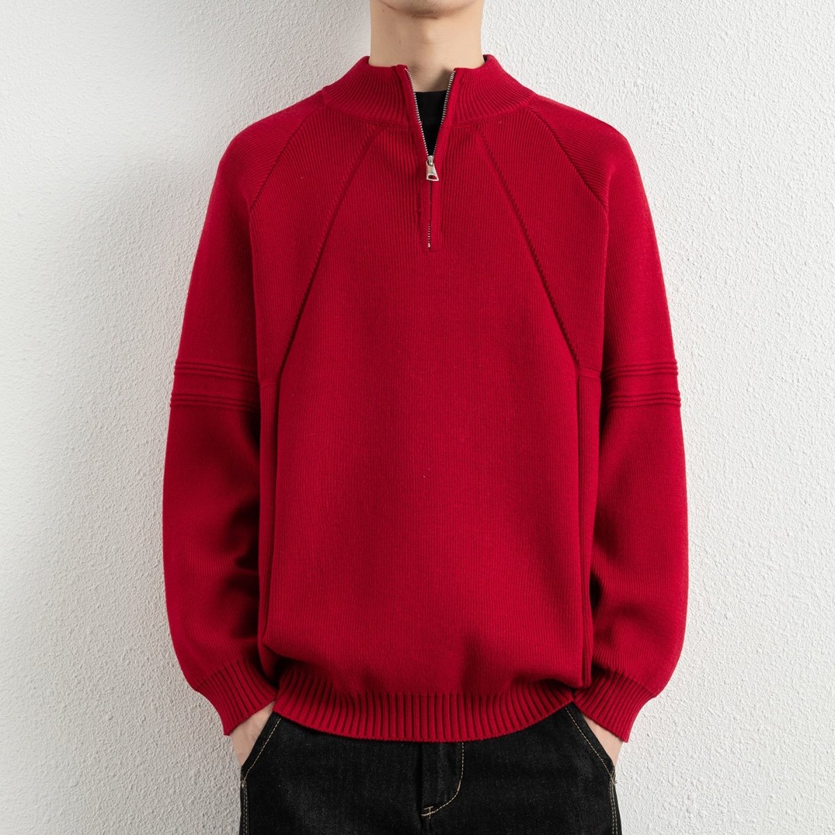 Men's Loose Solid Color Jacquard Half-Zip Roll Neck Sweater - Premium Fitness & Activewear for Men & Women|UK