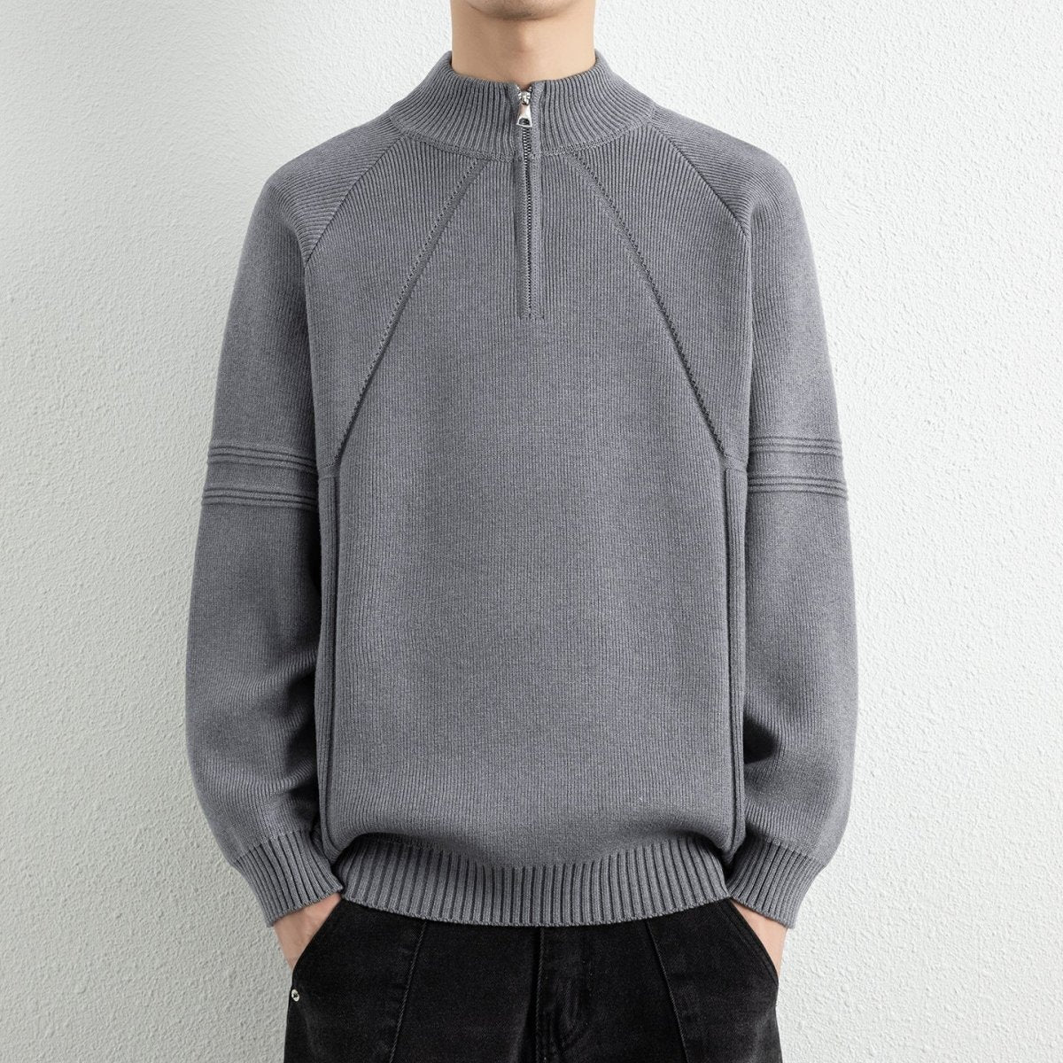 Men's Loose Solid Color Jacquard Half-Zip Roll Neck Sweater - Premium Fitness & Activewear for Men & Women|UK