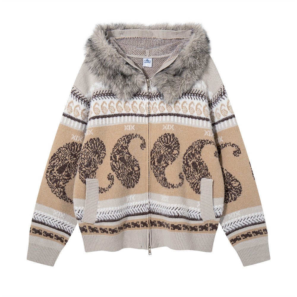 Men's Oversized Hooded Knit Cardigan Jacket with Fur Collar, Paisley Stripe Jacquard Pattern - Premium Fitness & Activewear
