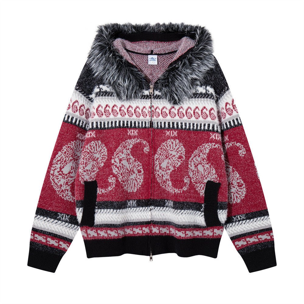 Men's Oversized Hooded Knit Cardigan Jacket with Fur Collar, Paisley Stripe Jacquard Pattern - Premium Fitness & Activewear