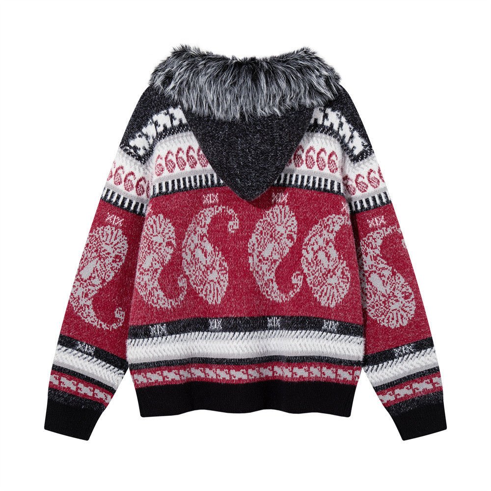 Men's Oversized Hooded Knit Cardigan Jacket with Fur Collar, Paisley Stripe Jacquard Pattern - Premium Fitness & Activewear
