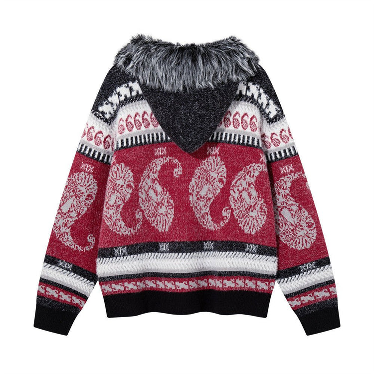 Men's Oversized Hooded Knit Cardigan Jacket with Fur Collar, Paisley Stripe Jacquard Pattern - Premium Fitness & Activewear