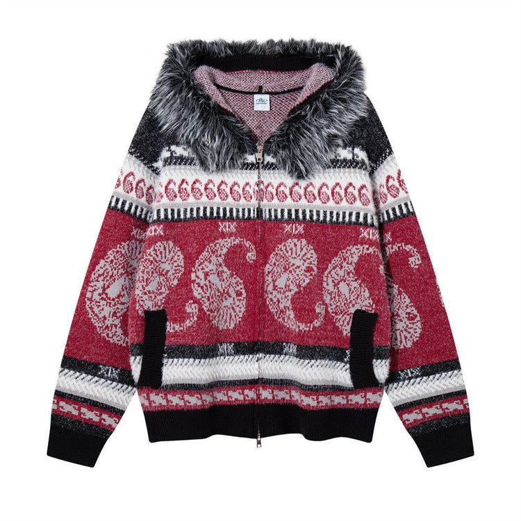 Men's Oversized Hooded Knit Cardigan Jacket with Fur Collar, Paisley Stripe Jacquard Pattern - Premium Fitness & Activewear