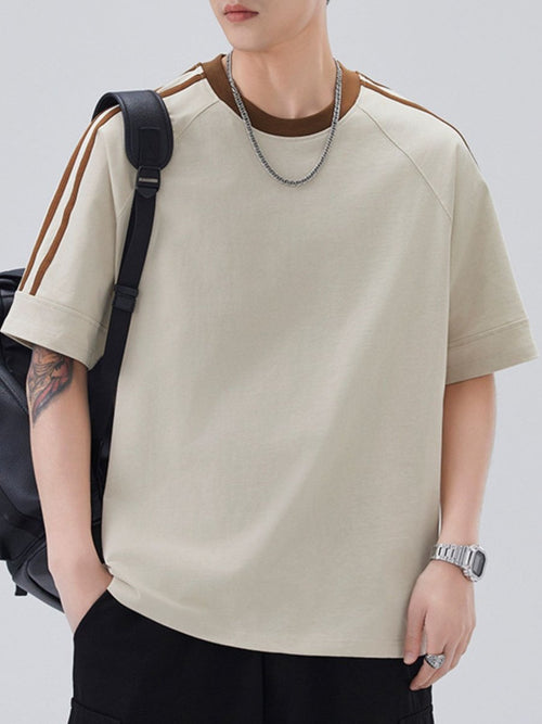 Men's Plus Size Striped Trim Casual T-Shirt – Oversized Contrast Stitch Tee