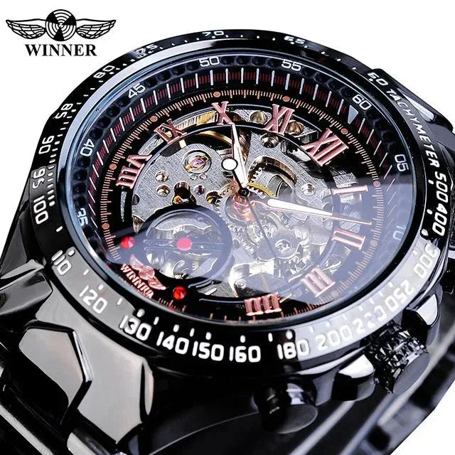 Men's Skeleton Wrist Watch Automatic Mechanical Display Retro Style Winner 432 Black Alloy - Allen-Fitness