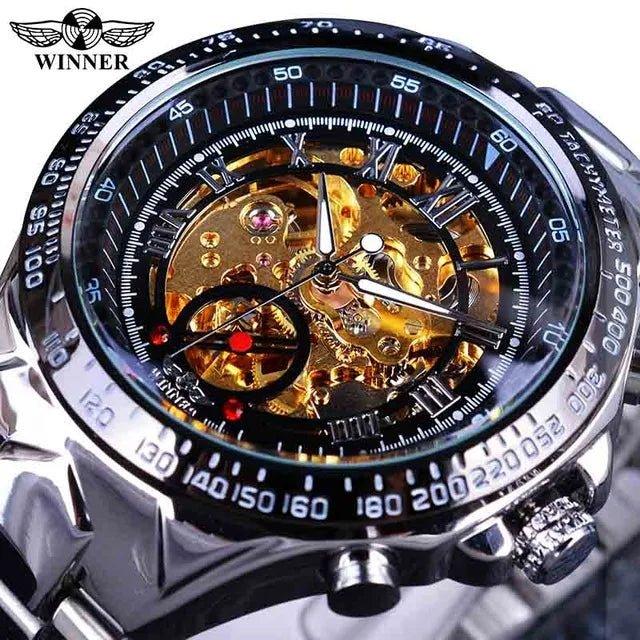 Men's Skeleton Wrist Watch Automatic Mechanical Display Retro Style Winner 432 Black Alloy - Allen-Fitness