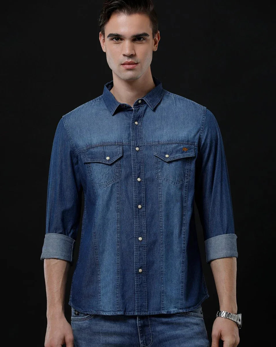 Men's Slim Fit Blue Washed Denim Shirt by Temple Of Denim - Casual Full Sleeve Wear - Allen-Fitness