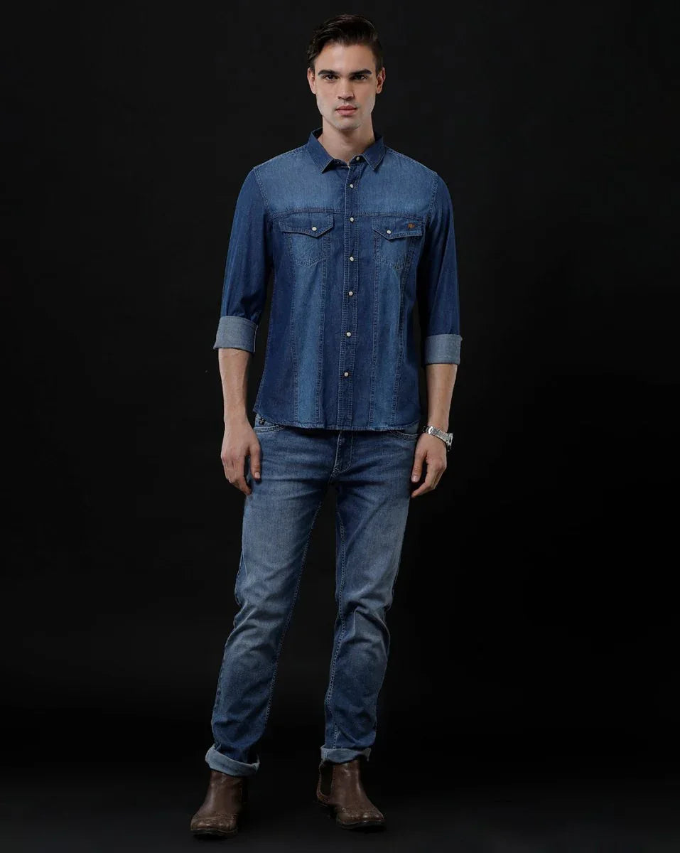 Men's Slim Fit Blue Washed Denim Shirt by Temple Of Denim - Casual Full Sleeve Wear - Allen-Fitness