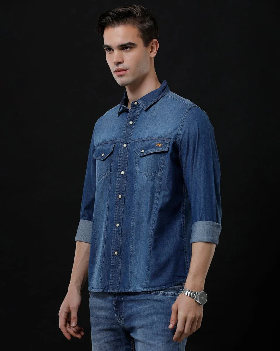 Men's Slim Fit Blue Washed Denim Shirt by Temple Of Denim - Casual Full Sleeve Wear - Allen-Fitness